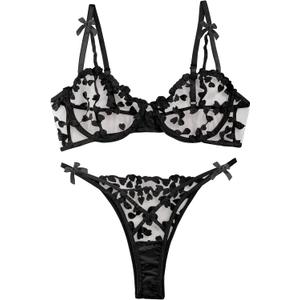 Lilosy Sexy Underwire Cute Push Up Strappy Embroidered Mesh Sheer Lingerie Set See Through Panty Bra (Small, Bow Black)