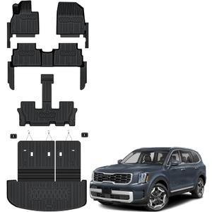 Auxko All Weather Floor Mats Cargo Mat with Backrest Mat for Kia Telluride 7&8 Seats 2020-2025 TPE Liners Accessories Guard Odorless Anti-Slip Floor Liners & Trunk Liner with Back Seat Protectors