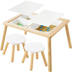 Asweets Sensory Table for Toddlers, Indoor Table with Storage Bins, Kids Play Activity Desk with 3 White Bins & 2 Chairs for Boys Girls Gift, 29''L x 20''W x 21''H, 1 Large Bin + 2 Small Bins + 2 Chairs