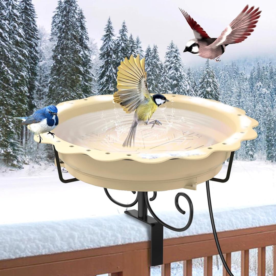 Heated Bird Baths for Outdoors, 100W Heated Bird Bath for Deck Railing, Heated Birdbath with Thermostat Control, Heated Bird Bath for Outside Winter Garden Patio Yard (Yellow)