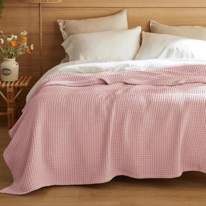 Bedsure 100% Cotton Blanket Queen Size for Spring Summer, Waffle Weave Thin Lightweight Breathable Blanket for Bed, Cotton Bedding Room Decor Gifts for Women, Girls, Pink, 90" x 90"