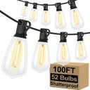 Brightever LED Outdoor String Lights 100FT Patio Lights with 52 Shatterproof ST38 Vintage Edison Bulbs, Outside Hanging Light Waterproof for Porch, Deck, Garden, Backyard, Balcony, 2700K Dimmable