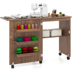 DORTALA Folding Sewing Table, Wood Sewing Craft Table with Open Storage Shelves and Lockable Casters, Space-Saving Craft Table Cart for Living Room, 46"x16"x31'', Brown