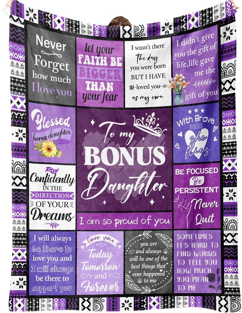 Bonus Daughter Gifts, Step Daughter Gifts from Stepmom Stepdad on Christmas Birthday Mothers Day Thanksgiving Day, to My Bonus Daughter Blanket, Purple Flannel Throw Blanket 50" X 60"