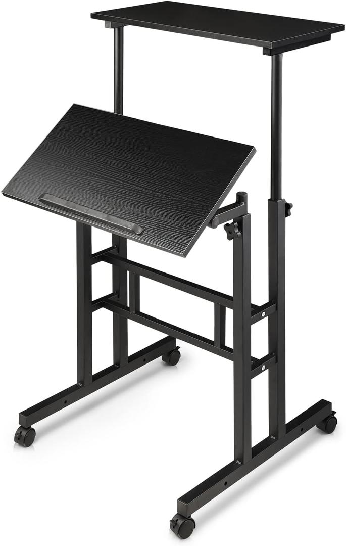 MoNiBloom Mobile Desk Workstation Height Adjustable Rolling Laptop Stand Table with Wheels for Home Office Laptop Cart, Computer Desk, Black