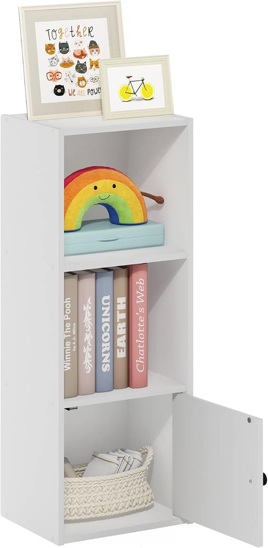 Furinno LUDER Book Shelf, 3-Tier Modern Bookshelf, Bookcase with 1 Door Storage Cabinet, 9.3 x 12 x 31.5, for Organization and Storage, for Living Room, Bedroom, Home Office, White, 3-cube With Cabinet