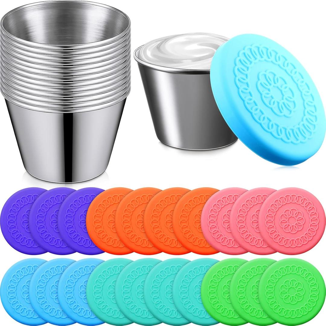 20 Pack Compact Stainless Steel Dipping Cups with Lid, 2.5 oz Food Storage Containers with Leakproof Silicone Lid