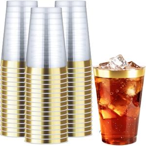 Byvivace 12OZ Plastic Cups with Gold Rimmed Sturdy & Food Safe Disposable Wine Glasses Weeding Party Cups Disposable Drinking Cups Plastic Cocktail Glasses for Wine, Juice & Cold Beverages [200 Pack]