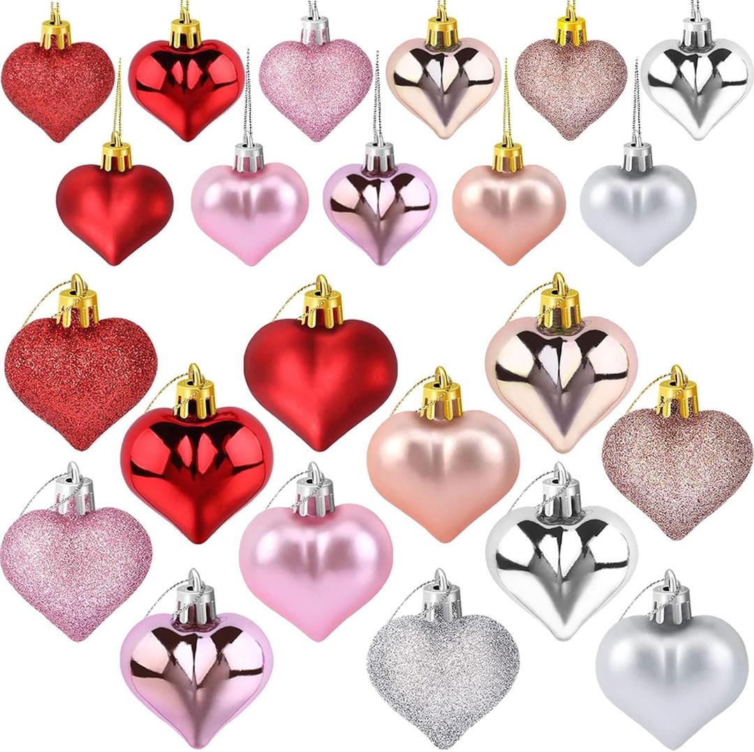 2 x 36 Pcs Valentine Heart Shaped Ornaments, Rose Gold Silver Pink Red Heart Ornaments for Mother's Day Christmas Wedding Anniversary Valentines Day Hanging Decorations