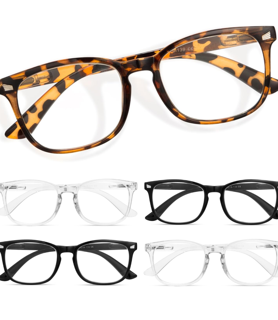 CCVOO Reading Glasses for Women/Men, Eyeglasses, Blue Light Readers for Women/Men, Computer Eye Glasses, Cheaters
Color: 2 Black/ 2 Transparent/ 1 Turtle, +1.25