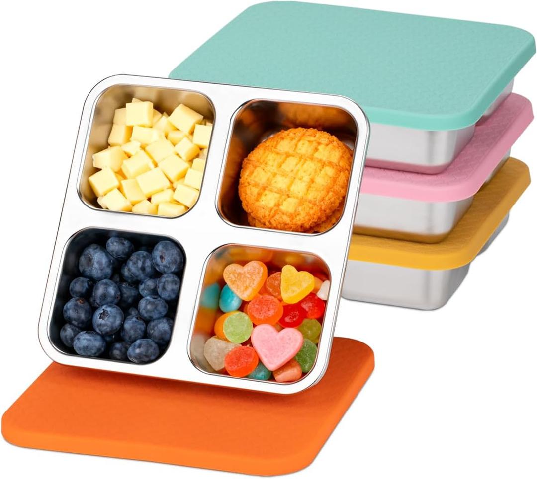 4 Pack Stainless Steel Snack Containers with Lids, Lunchable Container 4 Compartment Snack Containers, Small Bento Lunch Box Divided Food Storage for Portion Control Meal Prep Reusable Snackle