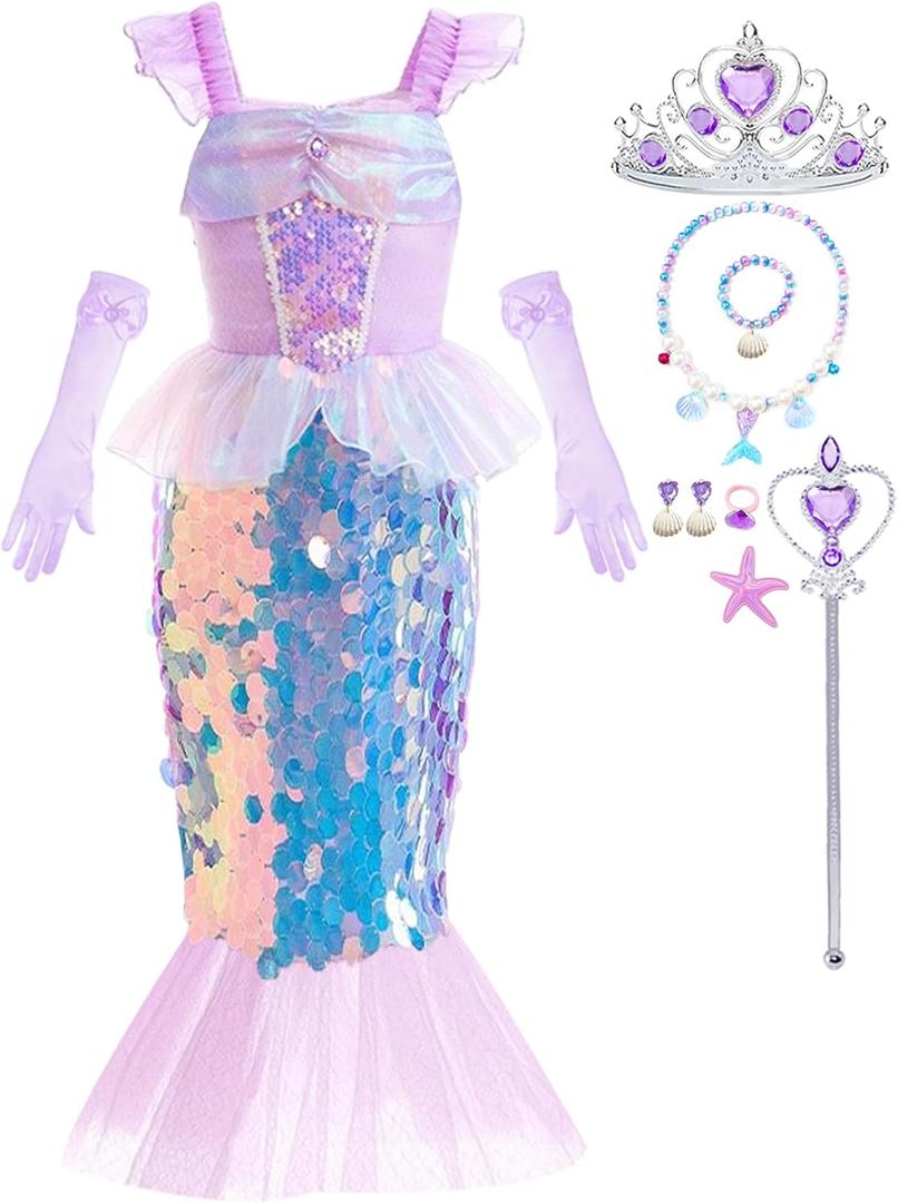 Little Girls Mermaid Princess Costume Sequins Party Dress for Toddler Kids Baby Halloween Dress Up with Accessories (5-6 Years, Purple)