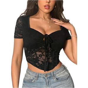 OYOANGLE Women's Floral Lace Sheer Short Sleeve Corset Crop Top Sweetheart Neck Tie Front Fitted Tshirts (Black, S)