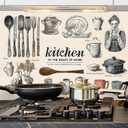 Kitchen Backsplash Wallpaper, Vintage Kitchen Utensils Peel and Stick Backsplash Wallpaper, 35.5 x 23.6 Inch Waterproof Removable Stove Wall Decor for Farmhouse Kitchen