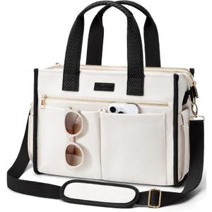 Canvas Tote Bag for Women, 15-Pockets Work Laptop Tote Purse Large Crossbody Nurse Teacher Bible Bag for School Travel Daily | with Strap & Zipper, Multi Compartment, Stand Upright Stably, College Shoulder Bag, Clinical Nursing Bag, Ideal Gift for Women (Medium-14inch, M2.black & White)