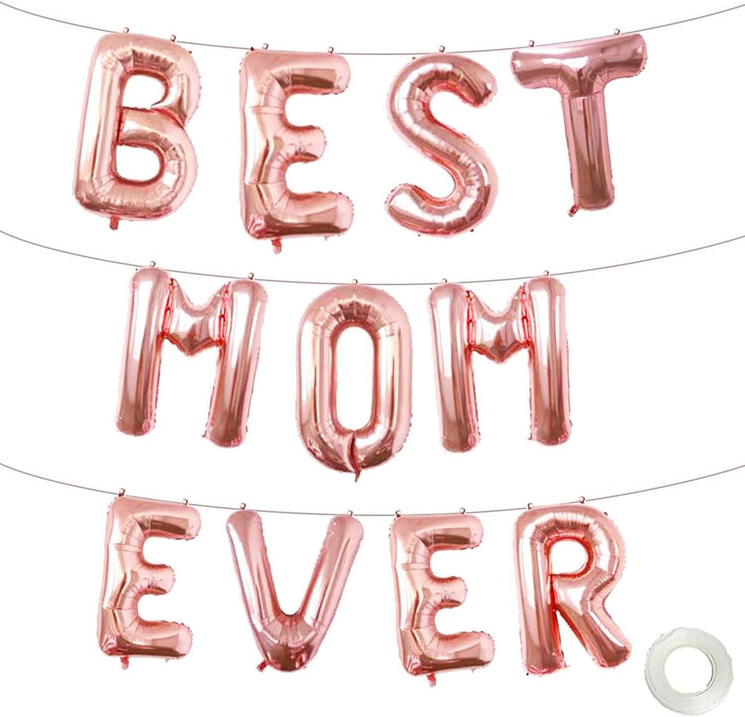 16 Inches Best Mom Ever Balloons Hanging Banner Decorations, Rose Gold Aluminum Foil Letter Balloons for Mother's Day Birthday Baby Shower Gender Reveal Party Supplies