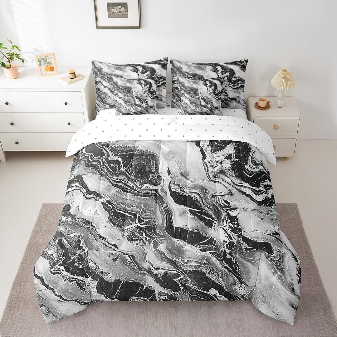 Feelyou Marbling Comforter Set with Sheets Twin Size Kids Geometric Bed in a Bag for Boys Girls Teens Modern Art 7 Pieces Set Grey Black Room Decor Fashion