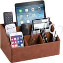 PU Leather Desk Organizer, Luxury Remote Control Holder for Home, Office Desk Accessories Table Caddy Bedside Nightstand Organizer (Brown)