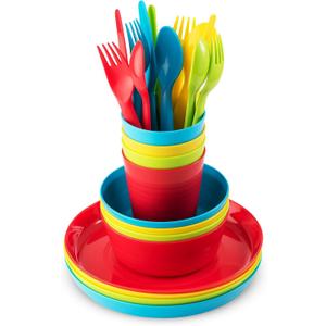 Plaskidy Kids Dinnerware Set for 4-24 Piece Plastic Childrens Dishes Dinnerware Sets Microwave/Dishwasher Safe BPA Free - Toddler Dinner Set Includes Kids Plates and Bowls Kids Cups Flatware Set