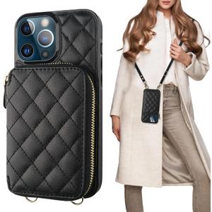 Bocasal Crossbody Wallet Case for iPhone 13 Pro Max, RFID Blocking PU Leather Zipper Handbag Purse Flip Cover, Kickstand Folio Case with Card Slots Holder Wrist Strap Lanyard 5G 6.7 Inch (Black)