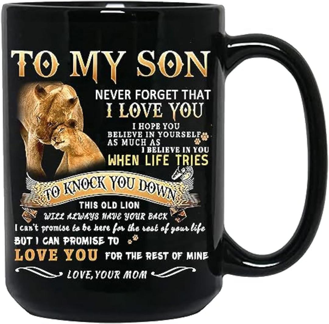 Shqiueos Valentines Day Gifts for Son from Mom-to My Son Lion Mug, Son Birthday Gifts from Mom, I Love You Son, Inspirational Father's Day Christmas Gift for Kids Men Son Adult (15oz)