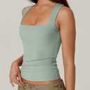 QINSEN Women's Square Neck Sleeveless Double-Layer Tank Tops Basic Tight T Shirts (Green, L)
