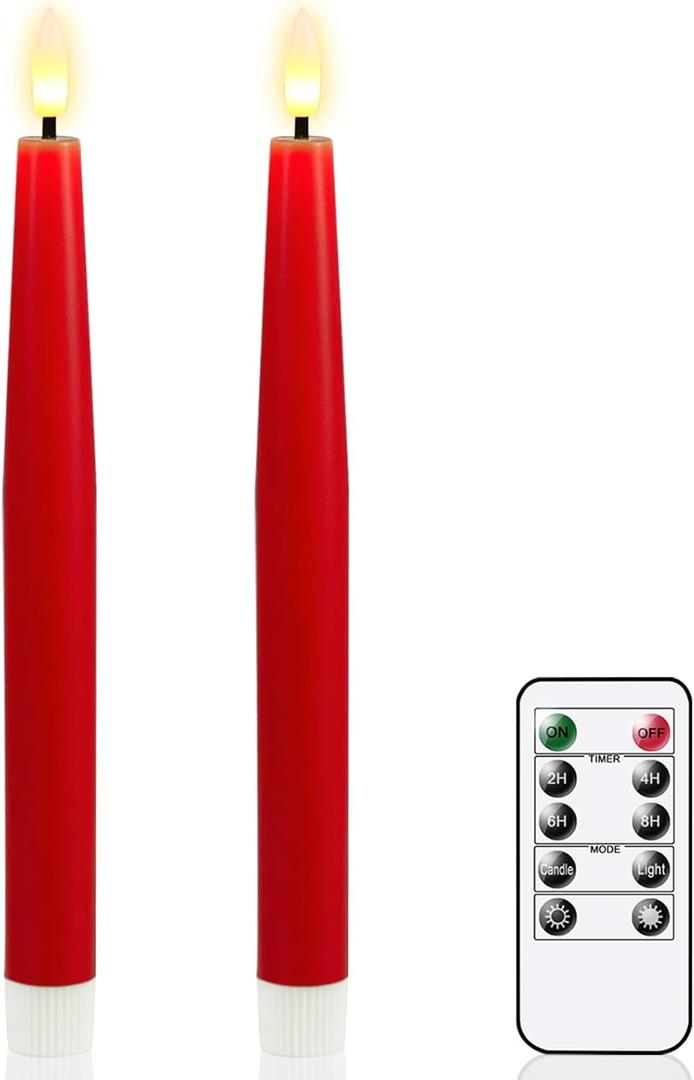 GenSwin Flameless Taper Candles, Set of 2 Red LED Taper Candles Battery Operated with Remote Timer, Real Wax Flameless Candlesticks with 3D Flame for Home Wedding Party Holiday Decor (0.78 x 9.65)