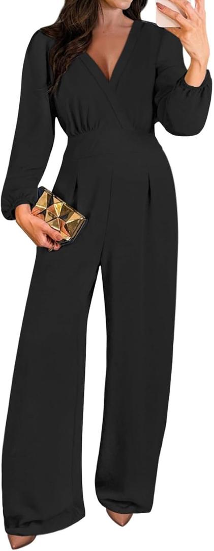 Pink Queen 2026 Jumpsuits for Women Dressy Long Sleeve V Neck Wide-Leg Romper Business Casual Outfits (Medium, Black)
