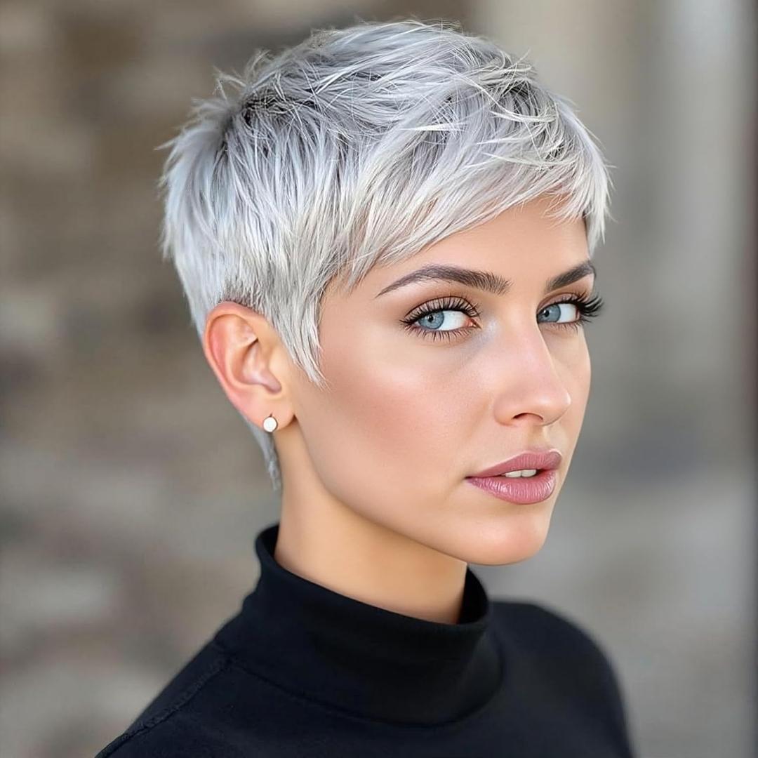 Platinum Pixie Cut Synthetic Wig, Short Silver Gray Hair, Textured Layered Style Synthetic Short Pixie Wigs for Women