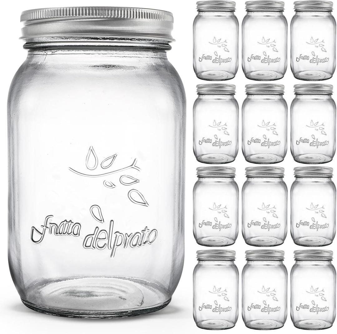 Cedilis 12 Pack Wide Mouth Mason Jars, 32 oz Glass Canning Jar with Lids and Bands, Clear Quart Mason Jars for Preserving Fruits, Vegetables, Pickles, Tomato Juices and Sauces