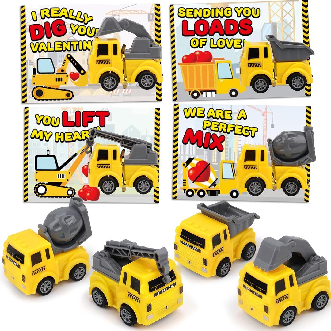 24 Pack Valentines Day Gifts for Kids School - Valentines Exchange Cards for Kids Classroom - Construction Truck Vehicles Toys Card Bulk - Valentine Cards for Toddlers Boys Class Party Favors Prizes, Small