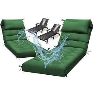 2 Pack 76 x 22 x 4.7" Waterproof Chaise Lounge Chair Cushion Outdoor Green