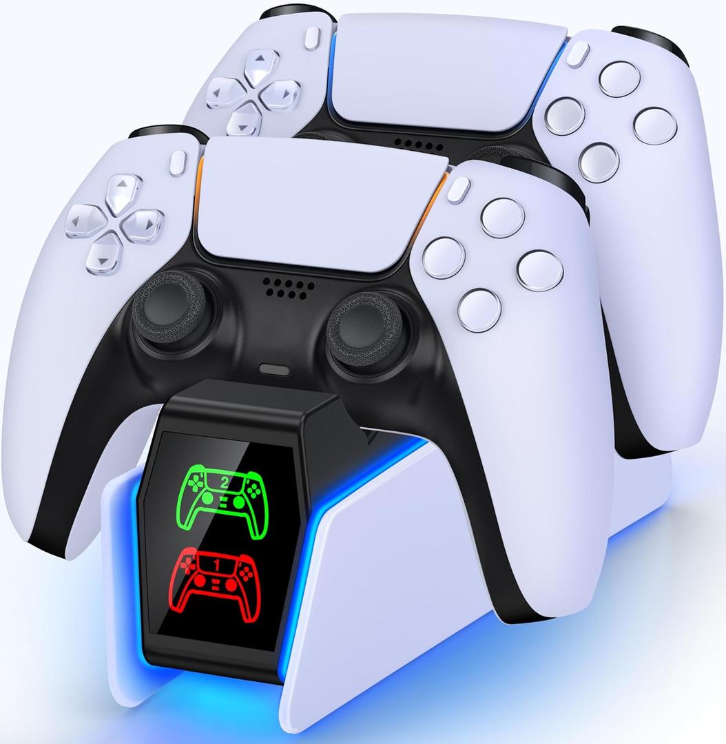 PS5 Controller Charger Station for PlayStation 5 Dualsense Controllers with LED Light Dual Stand Charger Dock, PS5 Controller Charging Station Accessories for PlayStation 5 Faceplates DualSense Edge (S-Charger, White and Black-RGB Charger)