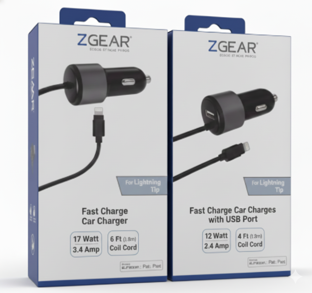 ZGear Fast Charge Car Charger For Lightning Tip 2 Pcs (12Watts and 17Watts)