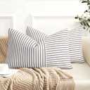 YCOLL Farmhouse Pillow Covers 12x20, Modern Accent Lumbar Throw Pillow Covers Set of 2, Navy and Beige Striped Patchwork Linen Decorative Pillows Cushion Covers for Couch Chair Bedroom Home Decor