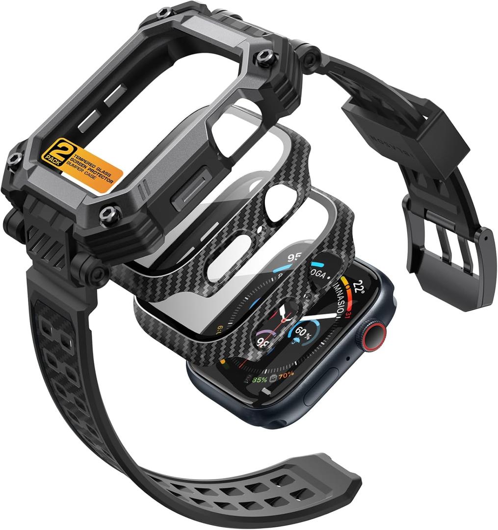 i-Blason for Apple Watch Series 10 46mm Case with Band Multi-use [2 X Tempered Glass Screen Protector Case] [Military Protection] Sport Shockproof Rugged Bumper Cover, Black