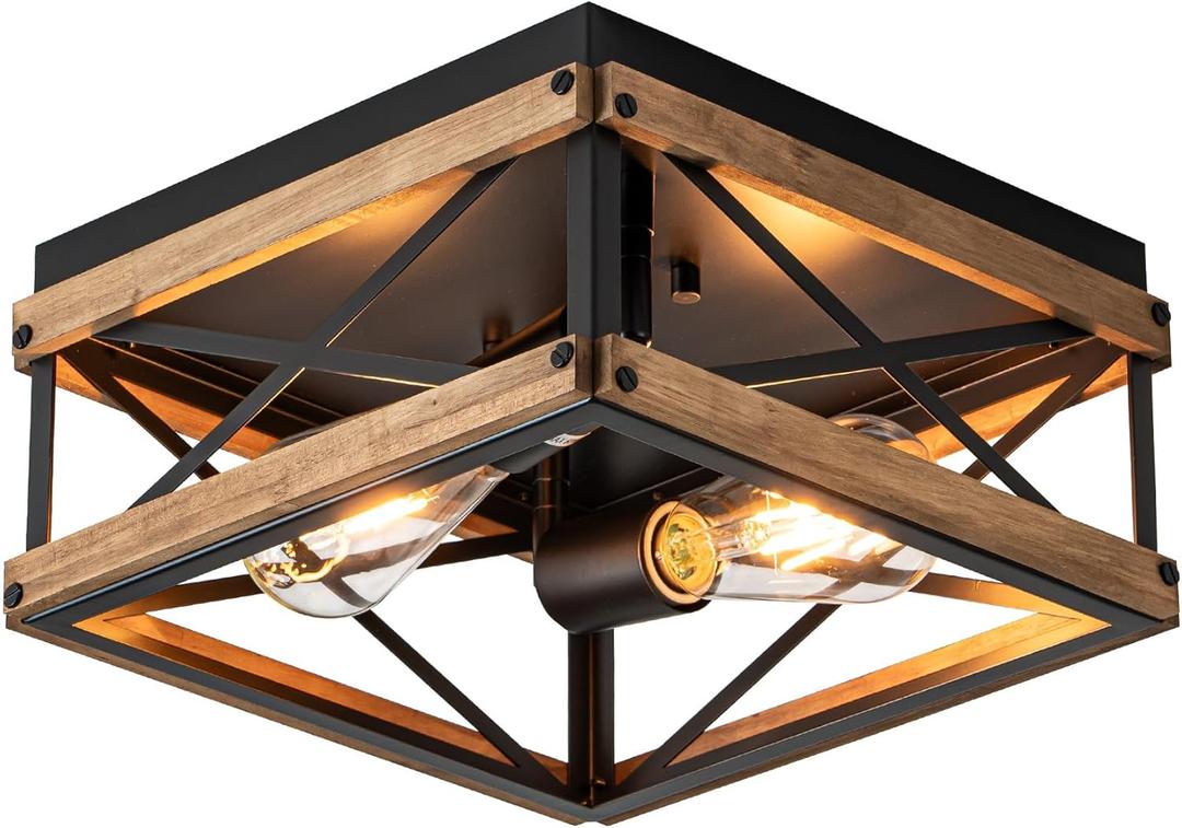 Mayful Black Flush Mount Ceiling Light, 2-Light Rustic Farmhouse Fixture with Metal & Wood Frame, Dimmable Close-to-Ceiling Lighting for Kitchen Bedroom Living Room Hallway Entryway