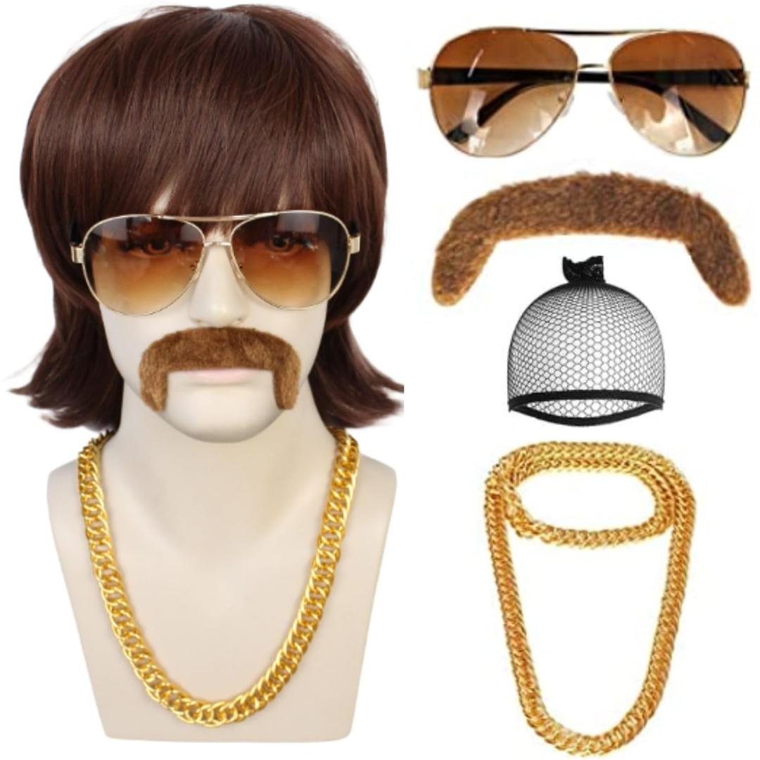 ANOGOL Wig Cap+5pcs Set Disco Wig Men Dark Brown 70S Wigs Shaggy 1970S Outfit Men 80S Flipped Ends with Bangs Retro Halloween Costume Party (Glasses+Chain+Mustache)