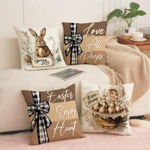 Easter Pillow Covers 18x18 Set of 4 Bunny Eucalyptus Leaves Decorations Sweet Home Spring Farmhouse Pillow Covers,Polyester Cushion Case Gifts for Home Decor-Easter Blessings