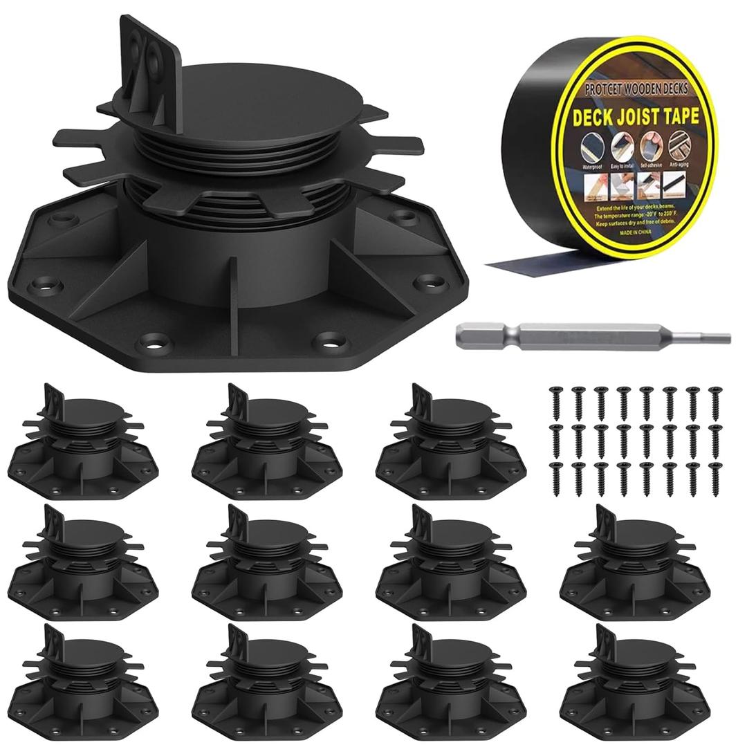 12 Pack Adjustable Deck Support Pedestal, High Load Pedestal Deck Foundation Base Support for Floating Deck Platform Deck Floor Height Adjustment Raising from 1-3/16" to 2-3/8"