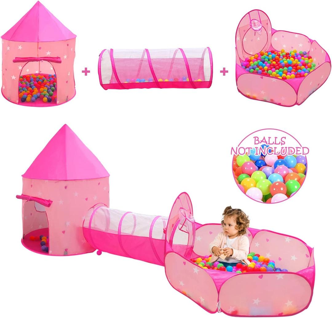 3PC Princess Tent for Girls with Kids Ball Pit, Kids Play Tents and Crawl Tunnel for Toddlers, Pink Pop Up Playhouse Toys for Baby Indoor& Outdoor Tent Games (Pink Tent with Stars 3 Pack)