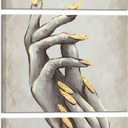 HOMEOART Fashion Woman Wall Art Nail Salon Decor Manicure Nail Salon Wall Art Stretched and Framed Ready to Hang 12"x16"x3 Pieces, Vintage Yellow and Grey