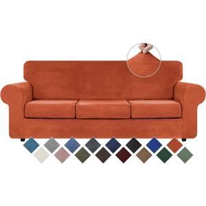 WEERRW 4 Pieces Velvet High Stretch Couch Covers for 3 Cushion Couch Sofa Slipcovers, Washable Furniture Protector with Non Slip Elastic Bottom, Feature Soft and Thick Plush Fabric, Pumpkin, Large