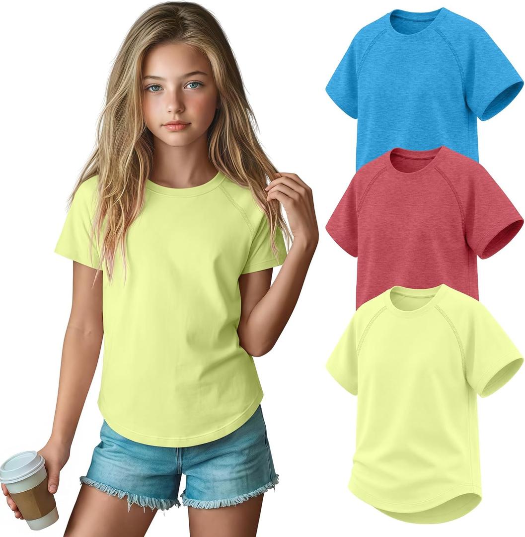 3 Pack Girls' Short Sleeve T-Shirts Loose Fit Crew Neck Tops Raglan Curve Hem Shirts Casual Kids Basic Tees 5-14Y (Red)
