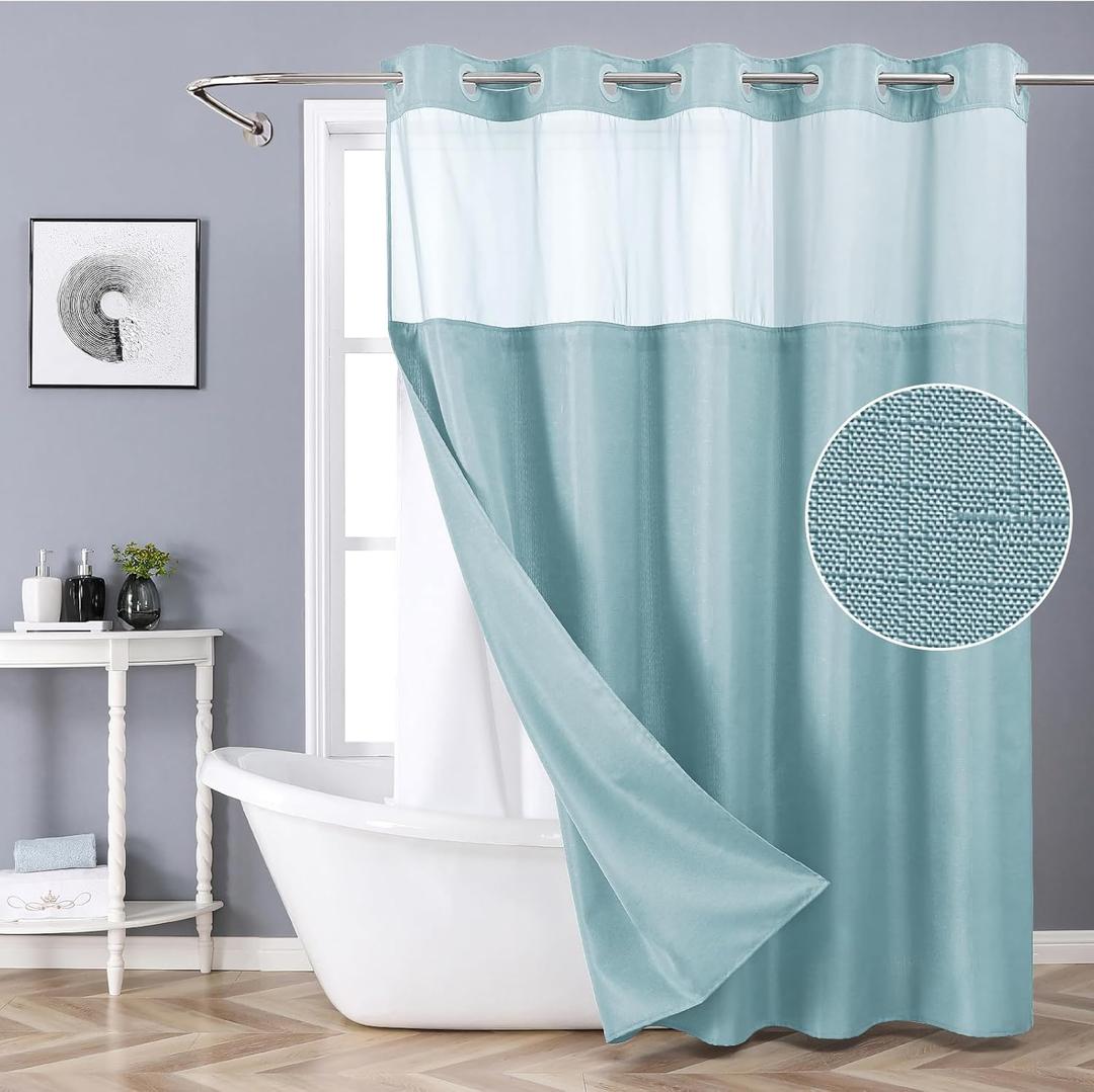 Eachope Teal No Hook Shower Curtain with Snap-in Fabric Liner Set,Slub Textured Fabric Shower Curtains for Bathroom,Hotel Style Modern Shower Curtain,Water Repellent & Washable,71x74