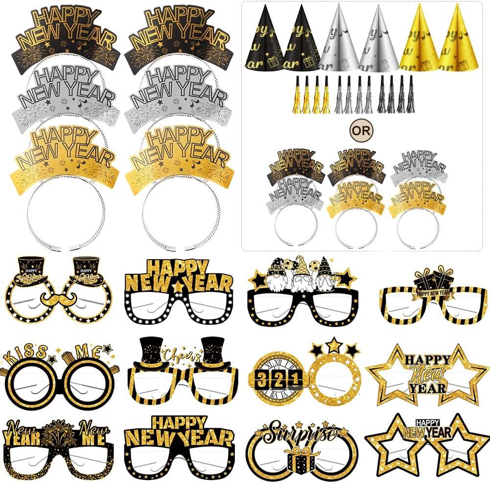 HEYPRIIL New Years Eve Party Supplies Decorations 2026, Happy New Year NYE Decorations Accessories Party Favors Headbands and Glasses/ Headband Cone Hats, New Year Glasses, and Tassel Squawkers