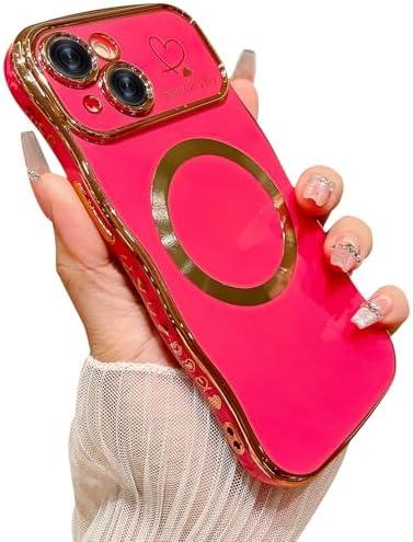 Vinlayss for iPhone 15 Case for Women Girls, Compatible with MagSafe, Cute Wave Frame Curly Shape with Love Heart Raised Camera Protection Cover Luxury Plating Shockproof Phone Case - Hot Pink and black, Set Of 3