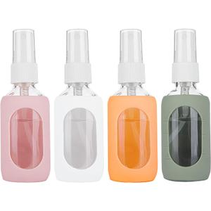 HOMBYS Empty Clear Glass 2oz Small Spray Bottles with Silicone Sleeve Protection - Refillable Containers for Travel, Cleaning Solutions, Essential Oils, Sanitizers - Fine Mist Spray - 4 Pack-Clear (Pink,White,Orange,Army Green)