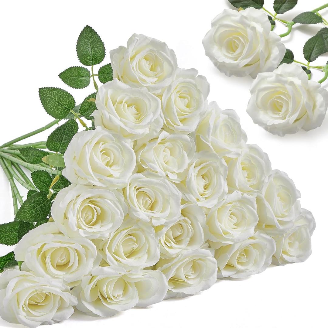 Alecono 20pcs Fake Roses, 4in Big Velvet Flower Head White Roses Artificial Flowers with Stems for Wedding Decorations, Silk Roses Bulk for Home Decor