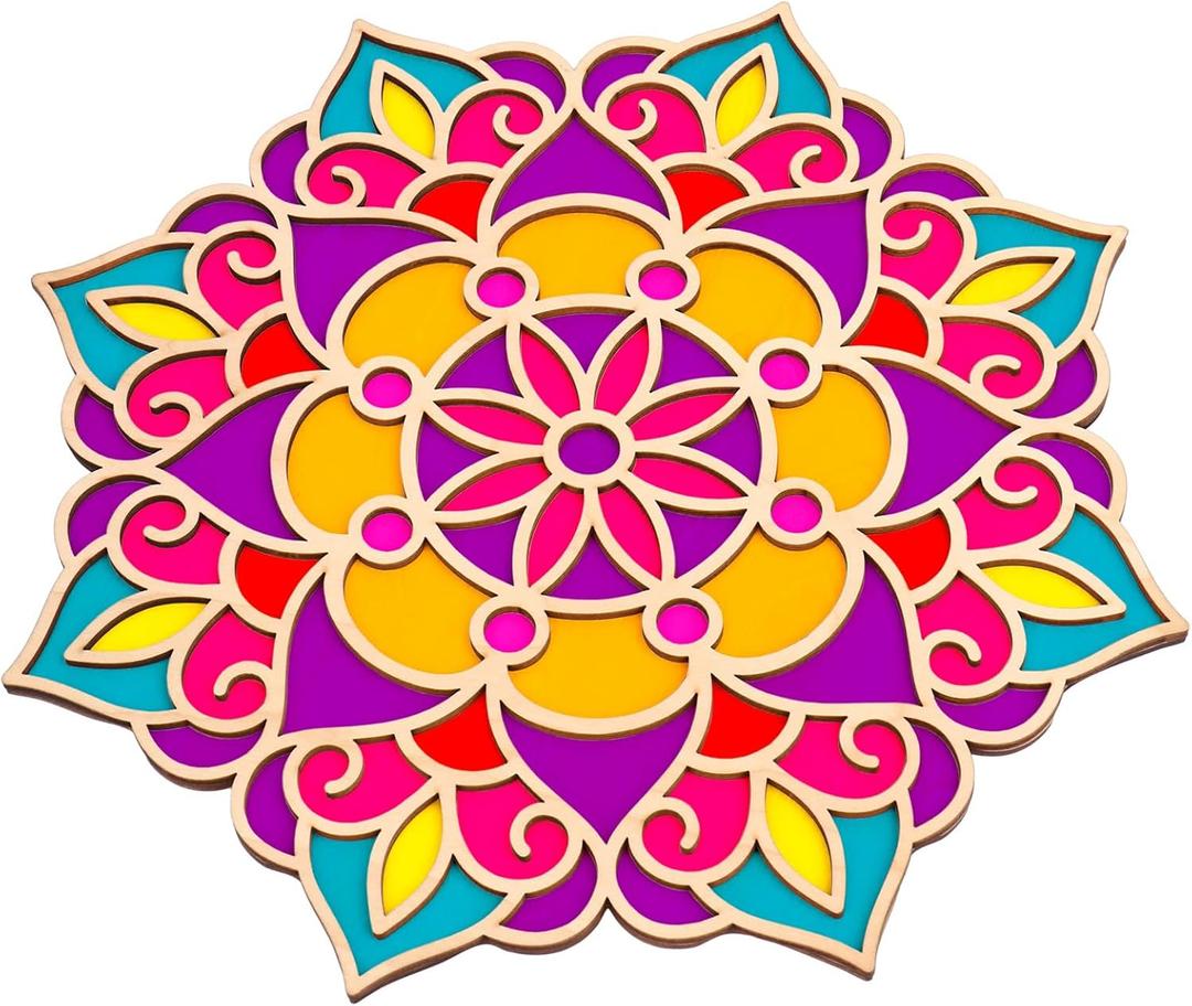 Bnesi Wooden DIY Floral Rangoli Mat Easy to Use or to Fill Rangoli Template Rangoli Decorative Boards for Indian Traditional Festival New Year Decor (Wood, Floral)